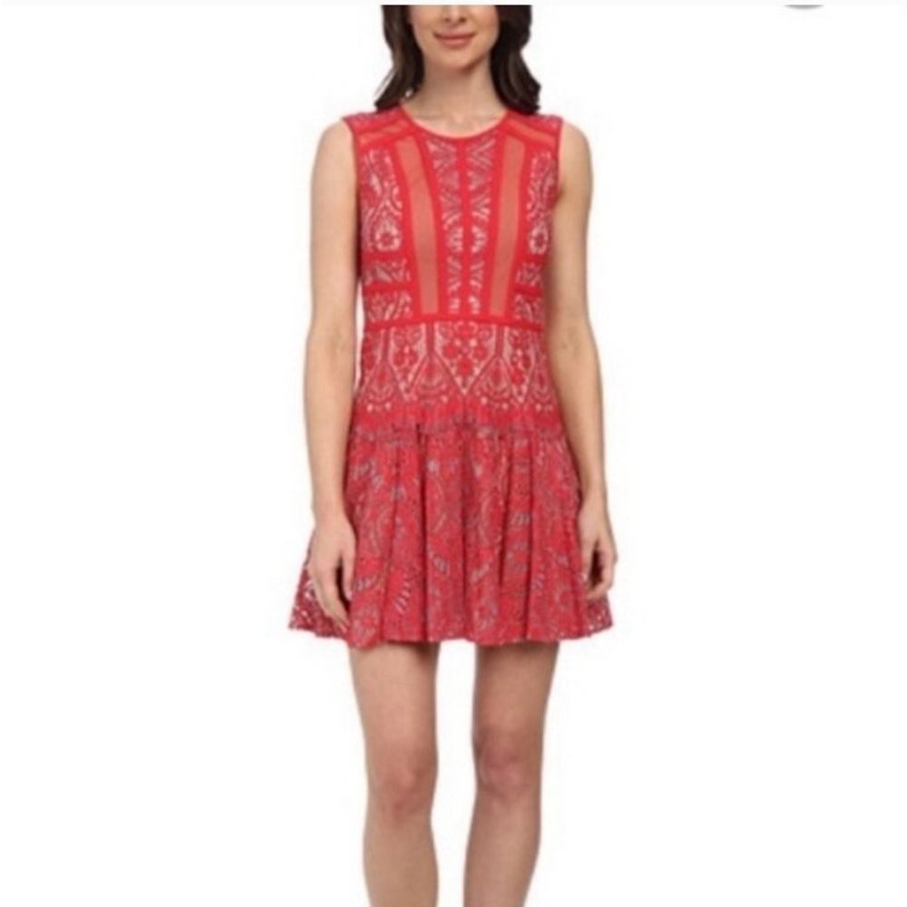 BCBGMaxAzria Shira Red Lace & Mesh Cutout Mini Dress Size 4